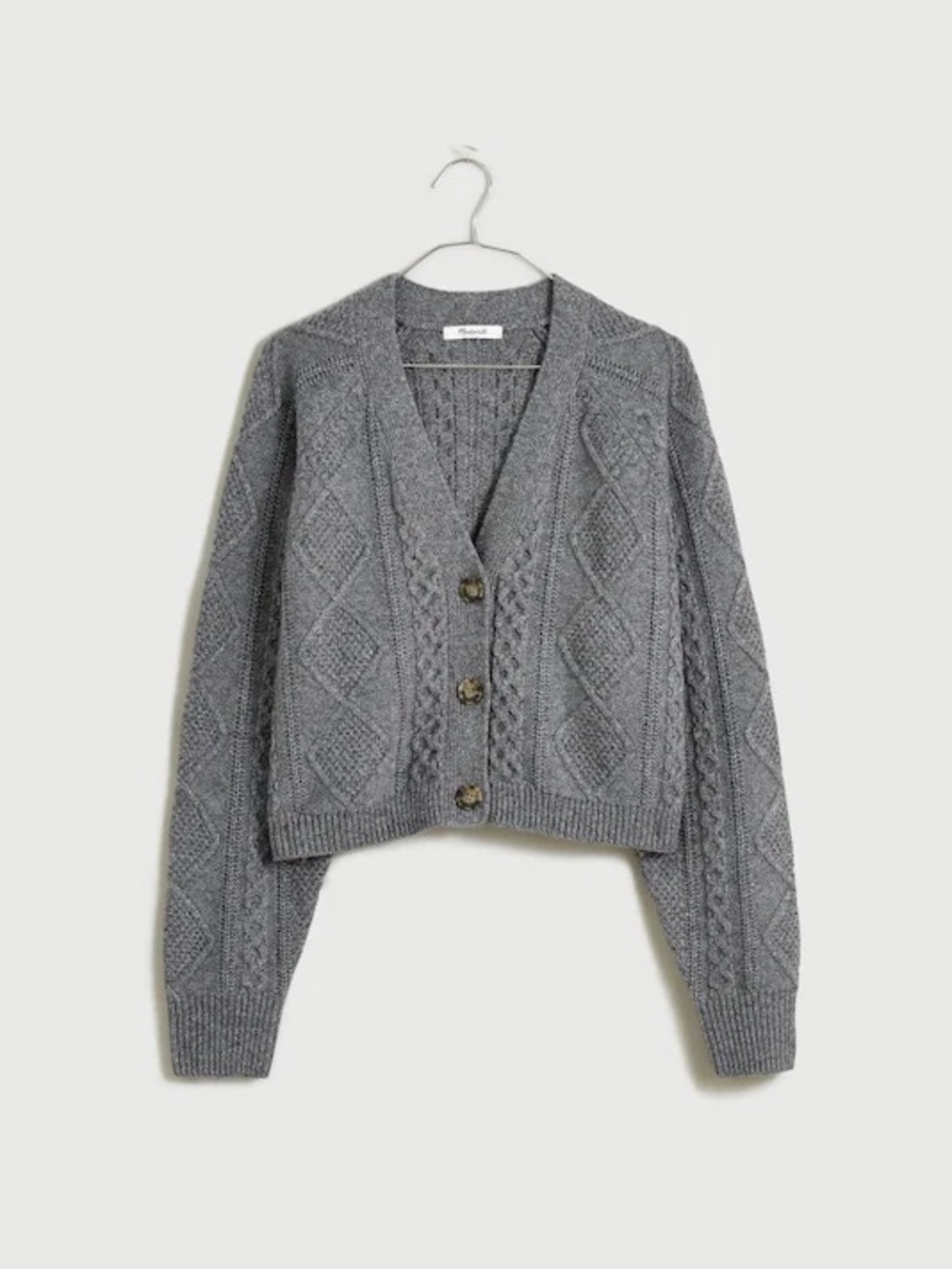 Madewell Gray Lurex Cable-Knit V-Neck Button Cropped Cardigan Sweater